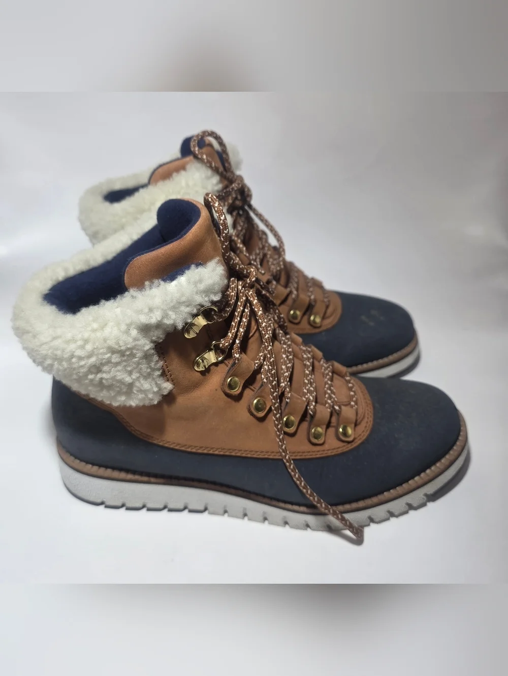 Cole Haan Waterproof Winter Boots Faux Fur Lace Up Brown Blue Women 7.5